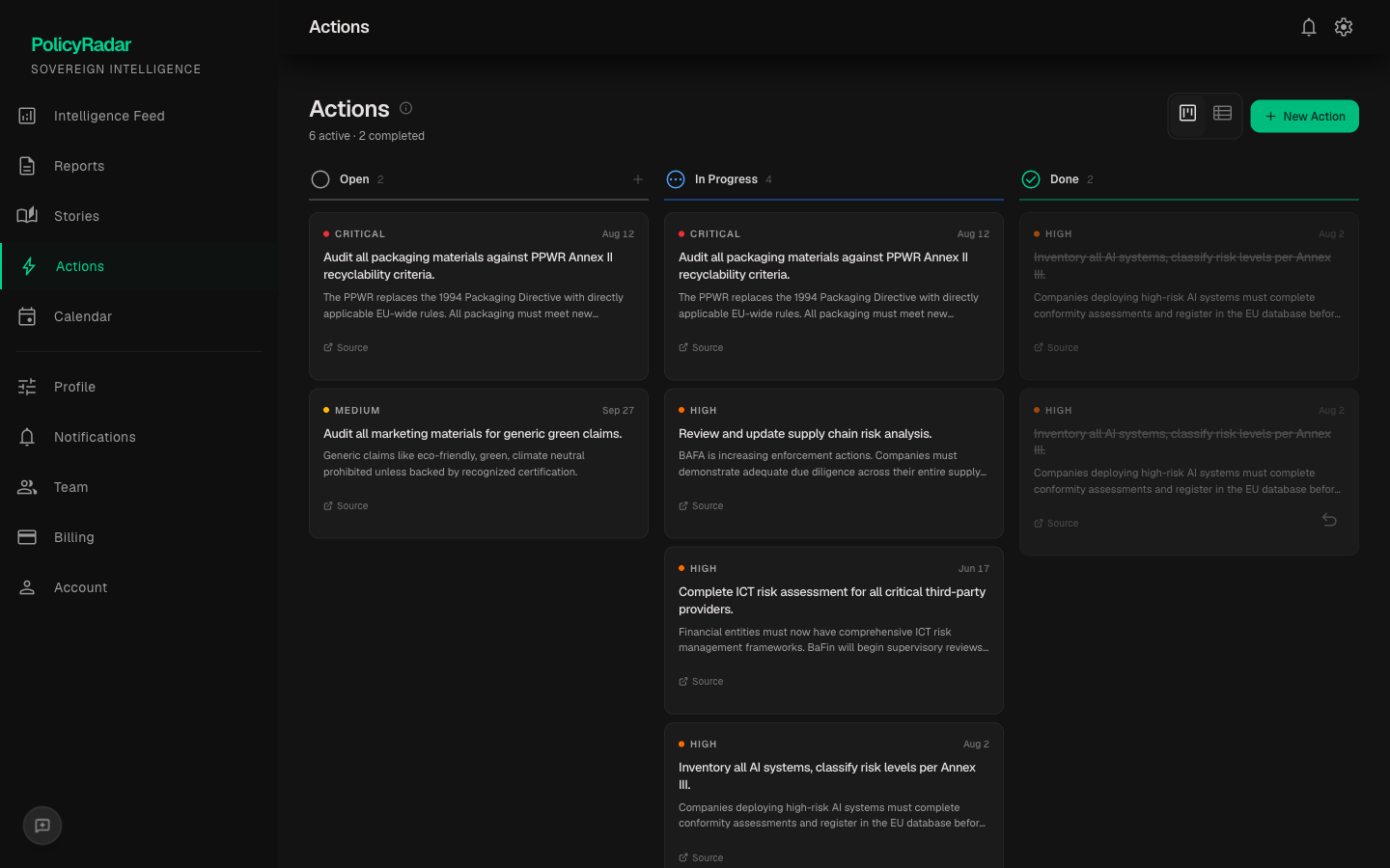 Polzia Actions — Kanban board for compliance task tracking