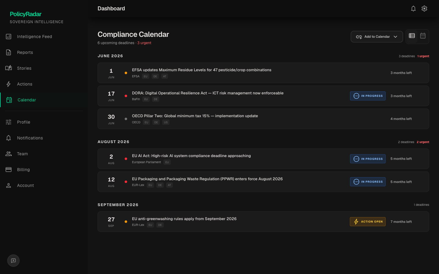 Polzia Compliance Calendar — regulatory deadline tracking with calendar sync