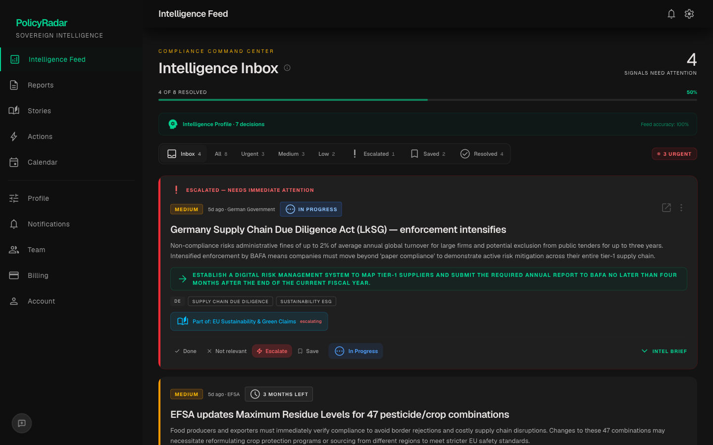 Polzia Intelligence Feed — severity-scored compliance inbox with AI Intel Briefs